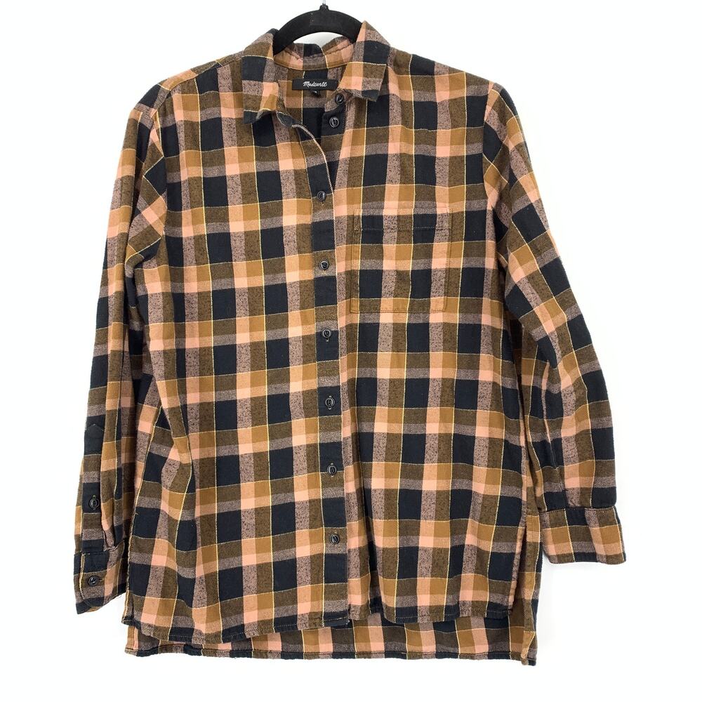 Madewell Buttondown Plaid Flannel Shirt Womens Sz XS Black Orange Pink